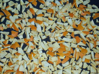 1) Cut up the peel of two oranges - let dry until brittle