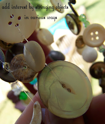 Use your imagination when stringing your buttons.  It's okay if the buttons touch.  Your wind chime will make more noise that way!  Also, add beads and any other items you have on hand to make your wind chime more interesting.