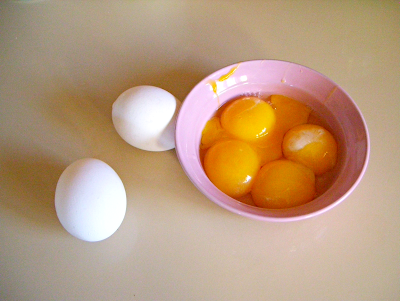 2) Separate yolk from whites of 3 or 4 eggs - store whites in refrigerator for a different dish.