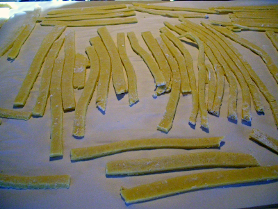 6) Cut dough into desired width. I cut my dough as I would egg noodles. Lay out on waxed or parchment paper separated to avoid sticking,