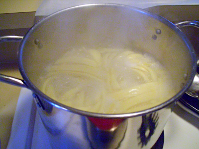 7) Heat a large stock pot of salted water to boiling. Drop noodles in small amounts at a time to avoid sticking. Stir gently to separate. Boil for 3 -5 minutes or until done to desired tenderness. Drain in colander.