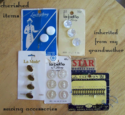 Most of the buttons I used for my project came from my grandmother.  I inherited her sewing machine and assorted sewing notions.  She passed away twelve years ago and I've held onto everything.  I'm always on the lookout for unique ways to repurpose Grandma's things.